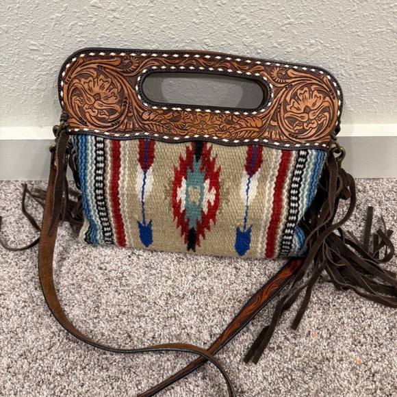 Rafter T Ranch Co. Tooled Leather & Southwestern Fringe Crossbody Bag - Picture 3 of 5